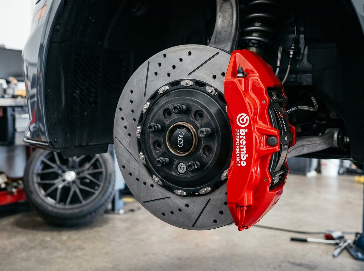 High performance drilled brake rotor assembly with sport red caliper