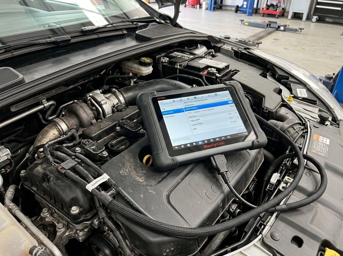 Advanced diagnostic computer scanner connected to vehicle engine bay