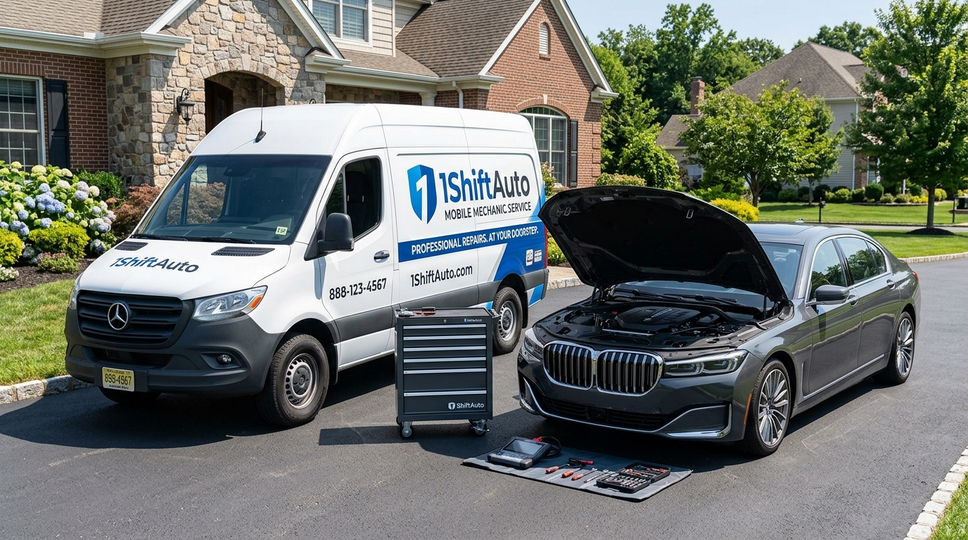 1ShiftAuto Mobile Mechanic Service Vehicle parked in driveway next to car with open hood